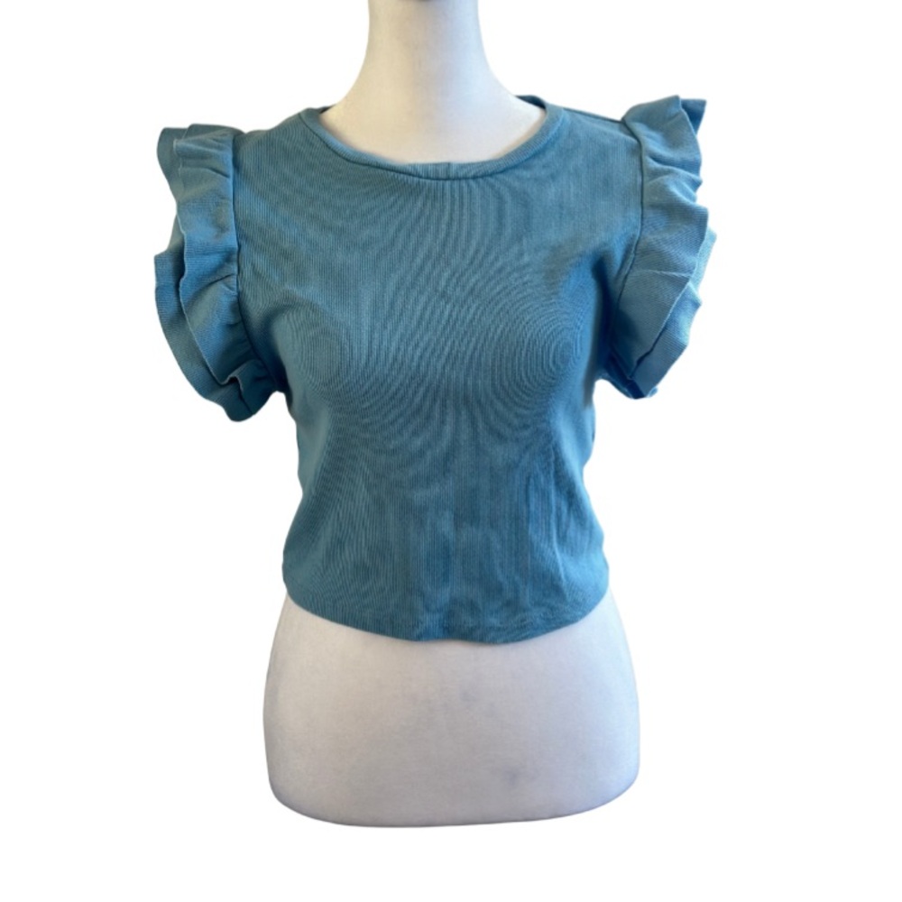 Zara Blue Ruffle Sleeve Ribbed Crop Top